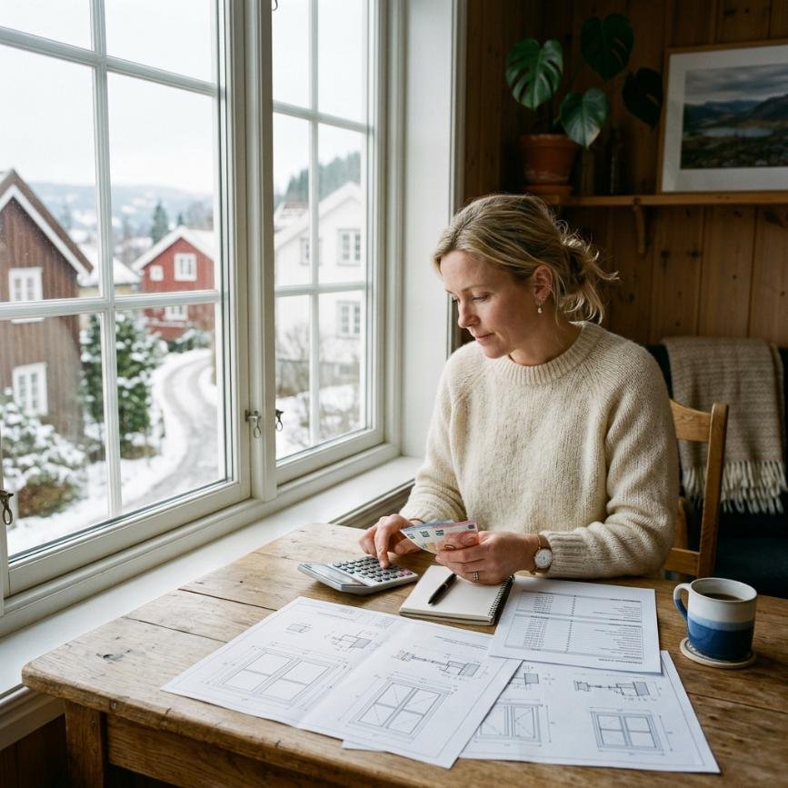 Nainen laskee ikkunaremontin hintaa